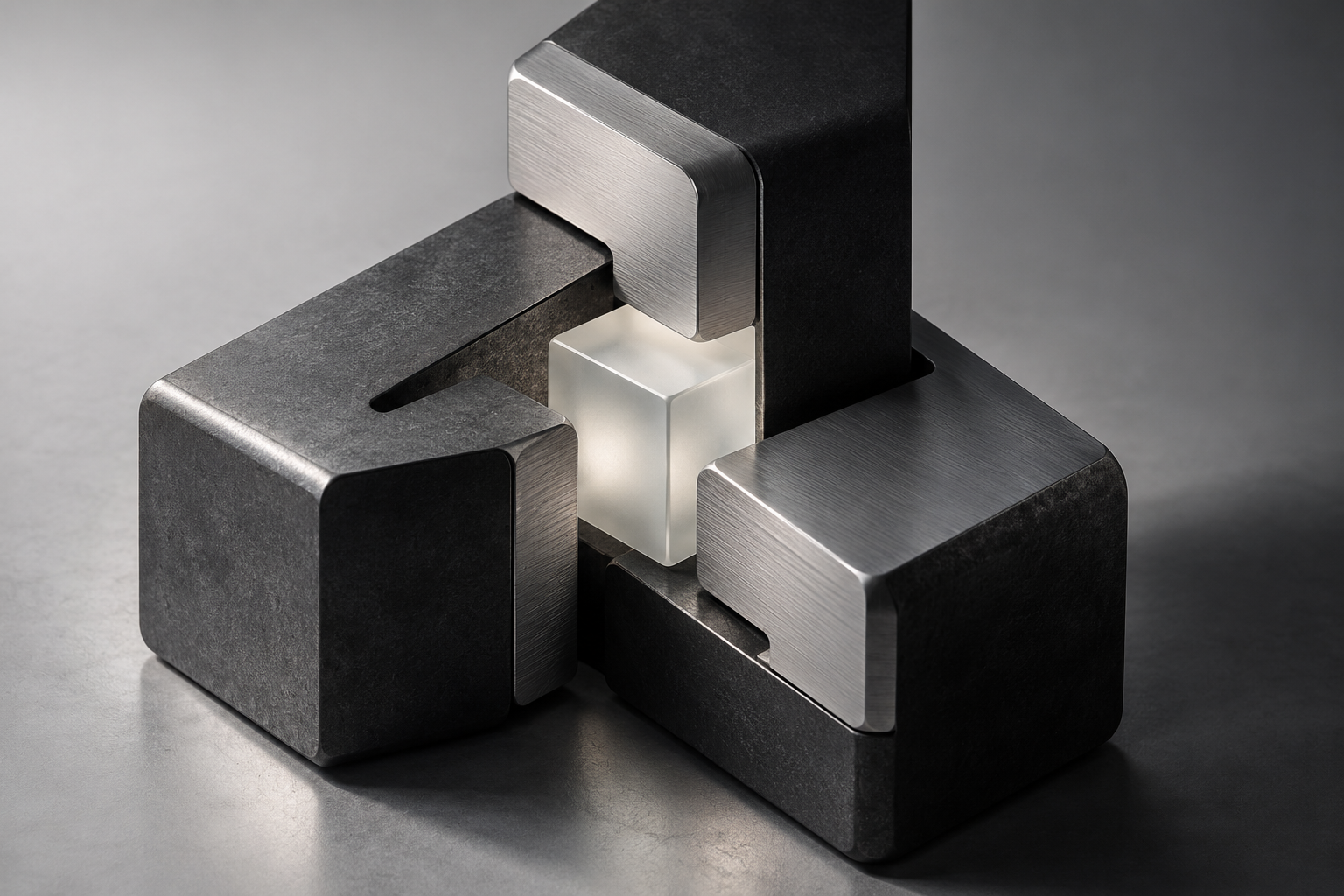 Conceptual interlocking stone and metal forms around a shared center.